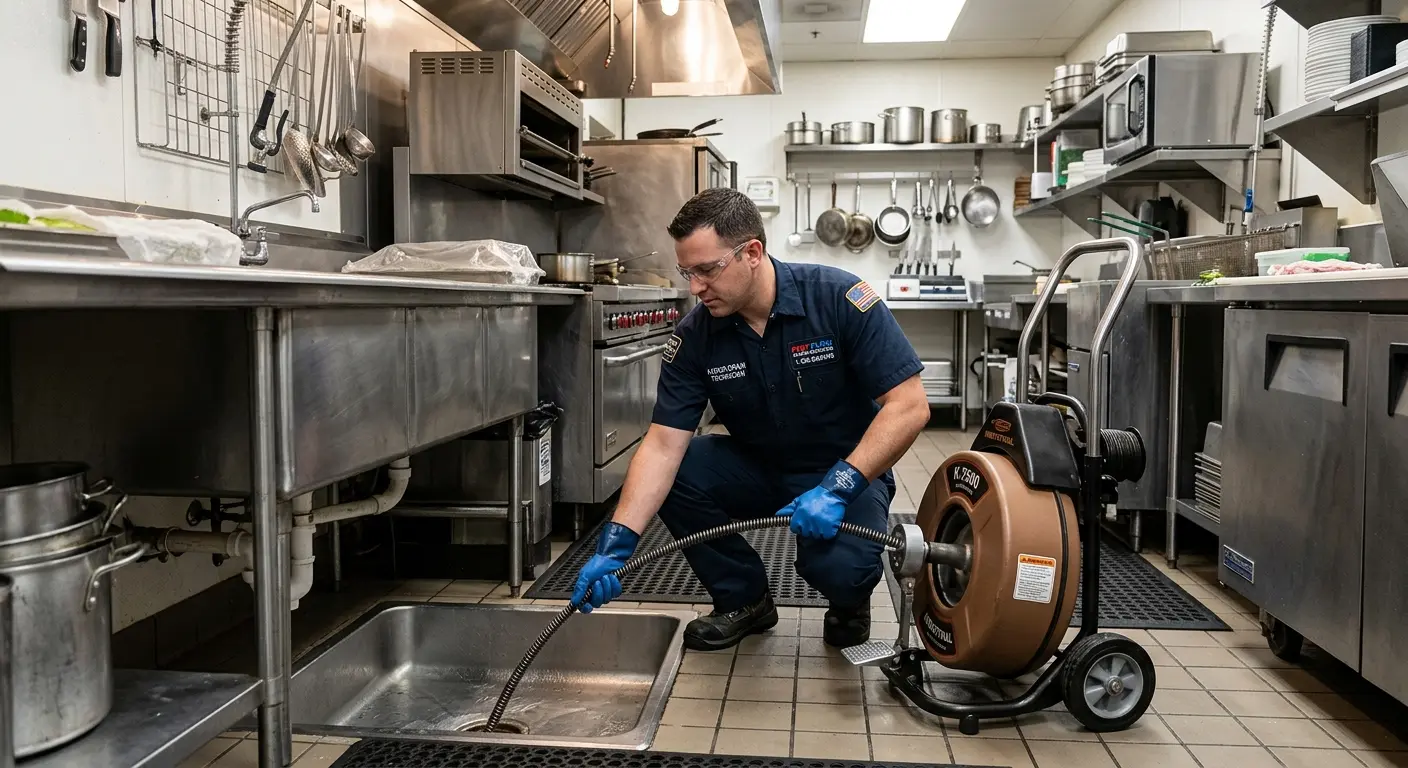 Commercial drain cleaning service in a restaurant kitchen in La Habra