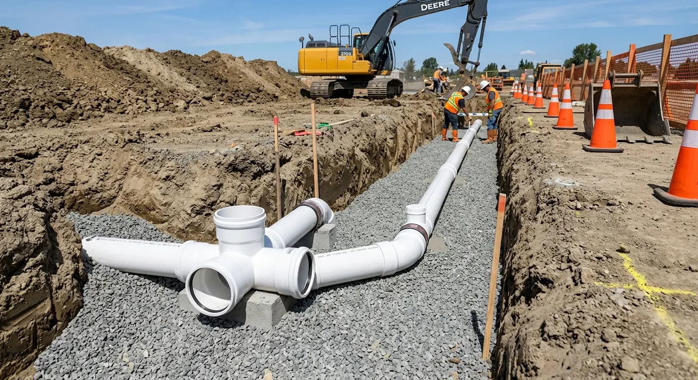 New PVC sewer pipe installation in open trench for Commercial Drain Cleaning in La Habra